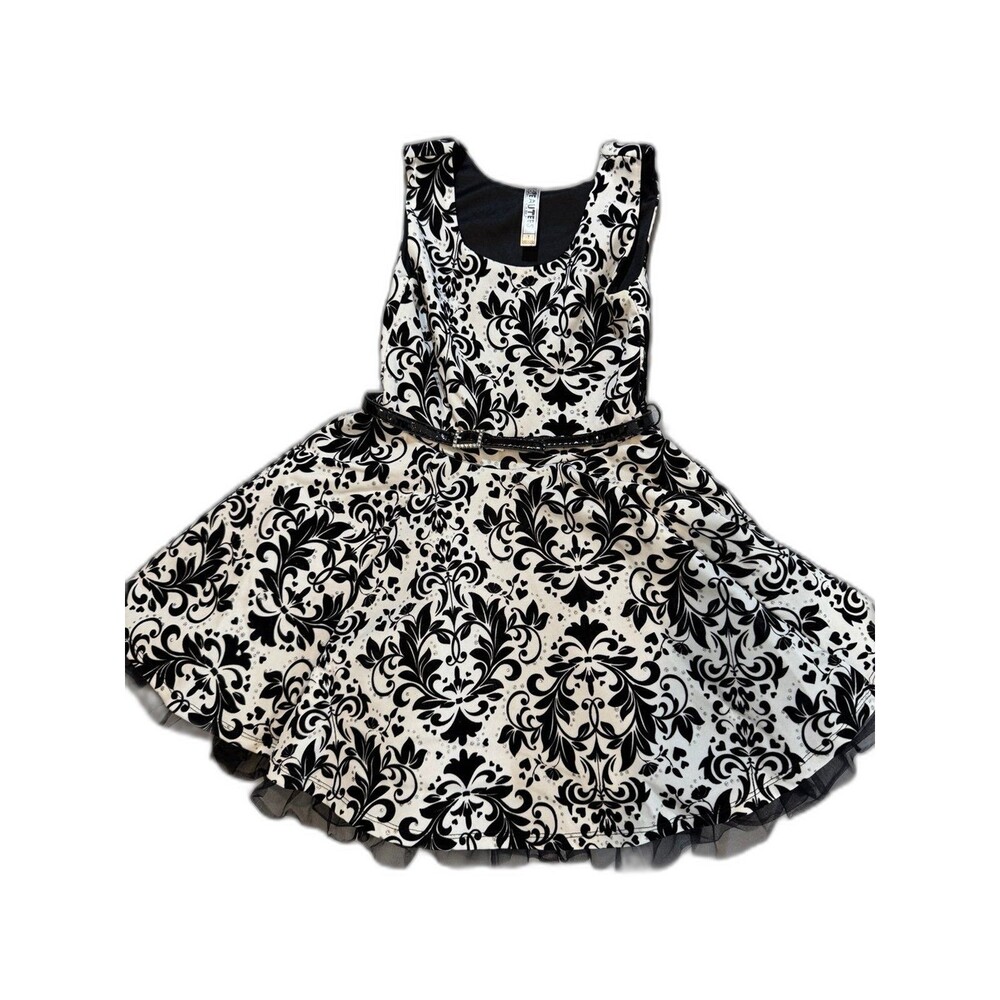 Girl Formal Party Dress w/Black Velour Pattern & Underskirt - Size 7 (A085)